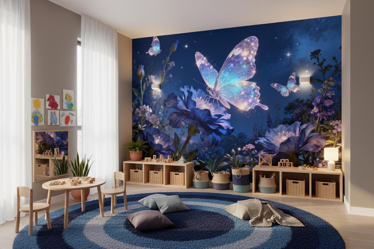 Opulent Dark Blue Butterfly Floral Wallpaper – scale reference, Golden Era Walls