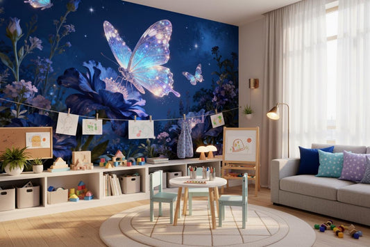 Opulent Dark Blue Butterfly Floral Wallpaper – detail view, Golden Era Walls