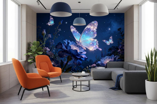 Opulent Dark Blue Butterfly Floral Wallpaper – lifestyle view, Golden Era Walls