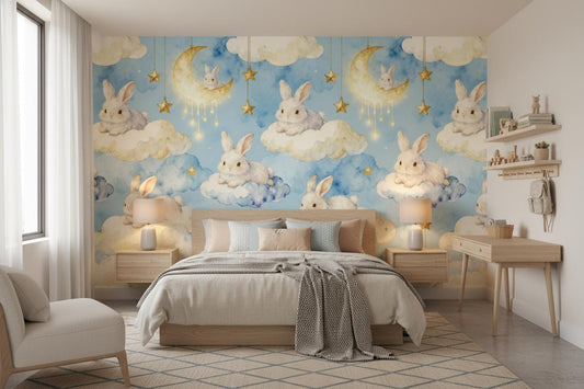 Enchanted Bunny Blue Gold Wallpaper – room setting, Golden Era Walls
