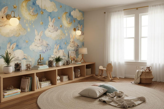 Enchanted Bunny Blue Gold Wallpaper – detail view, Golden Era Walls