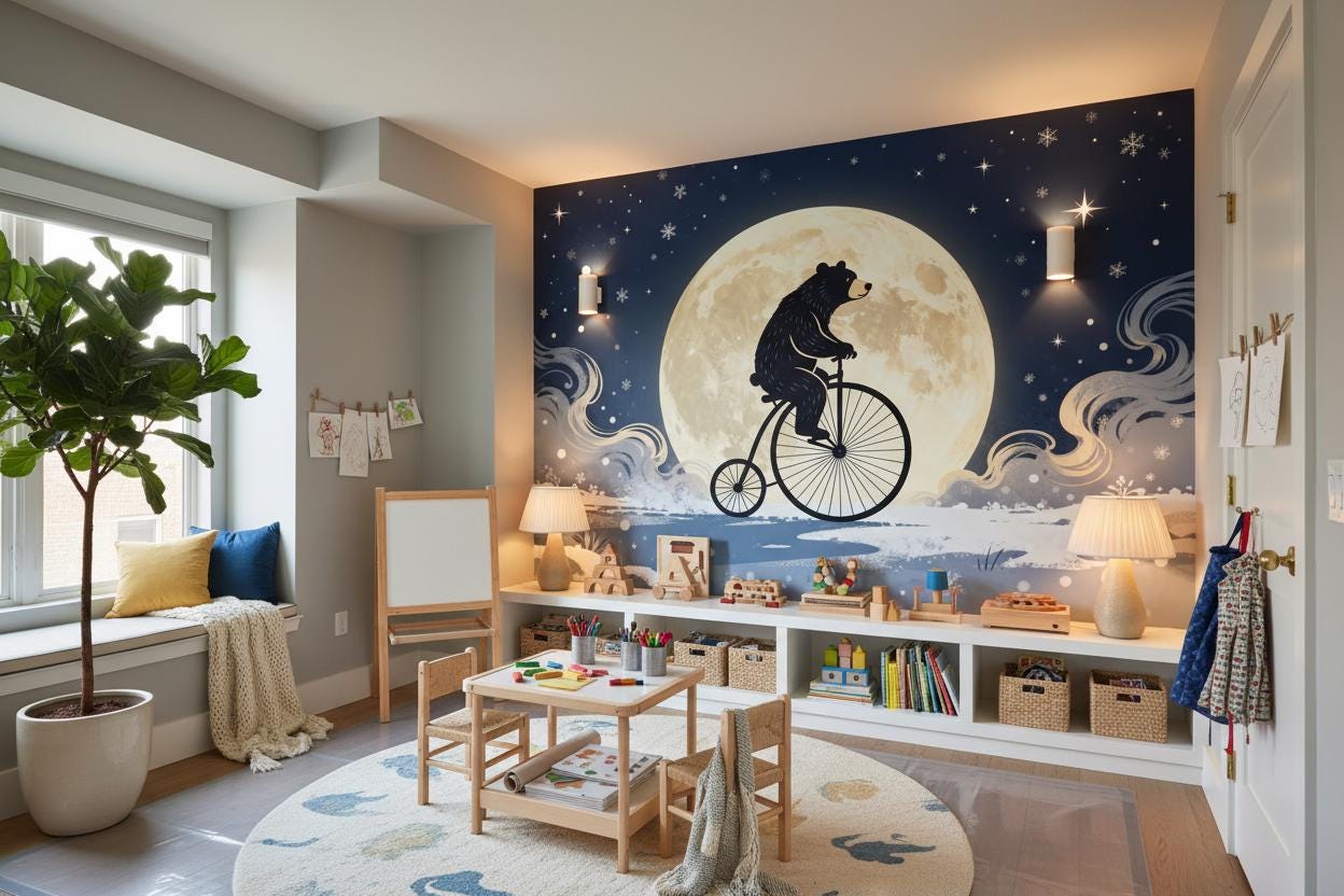 Whimsical Celestial Bear Blue Coastal Wallpaper – scale reference, Golden Era Walls