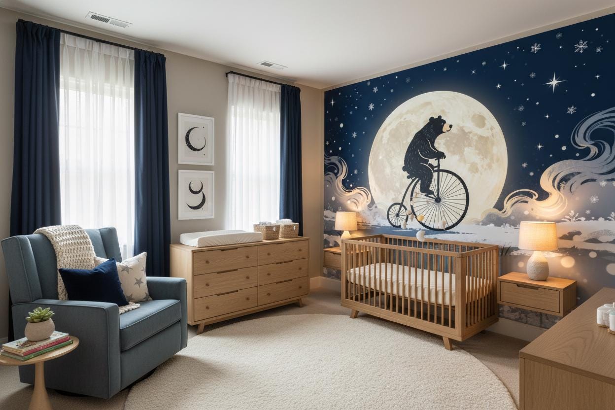 Whimsical Celestial Bear Blue Coastal Wallpaper – alternate view, Golden Era Walls