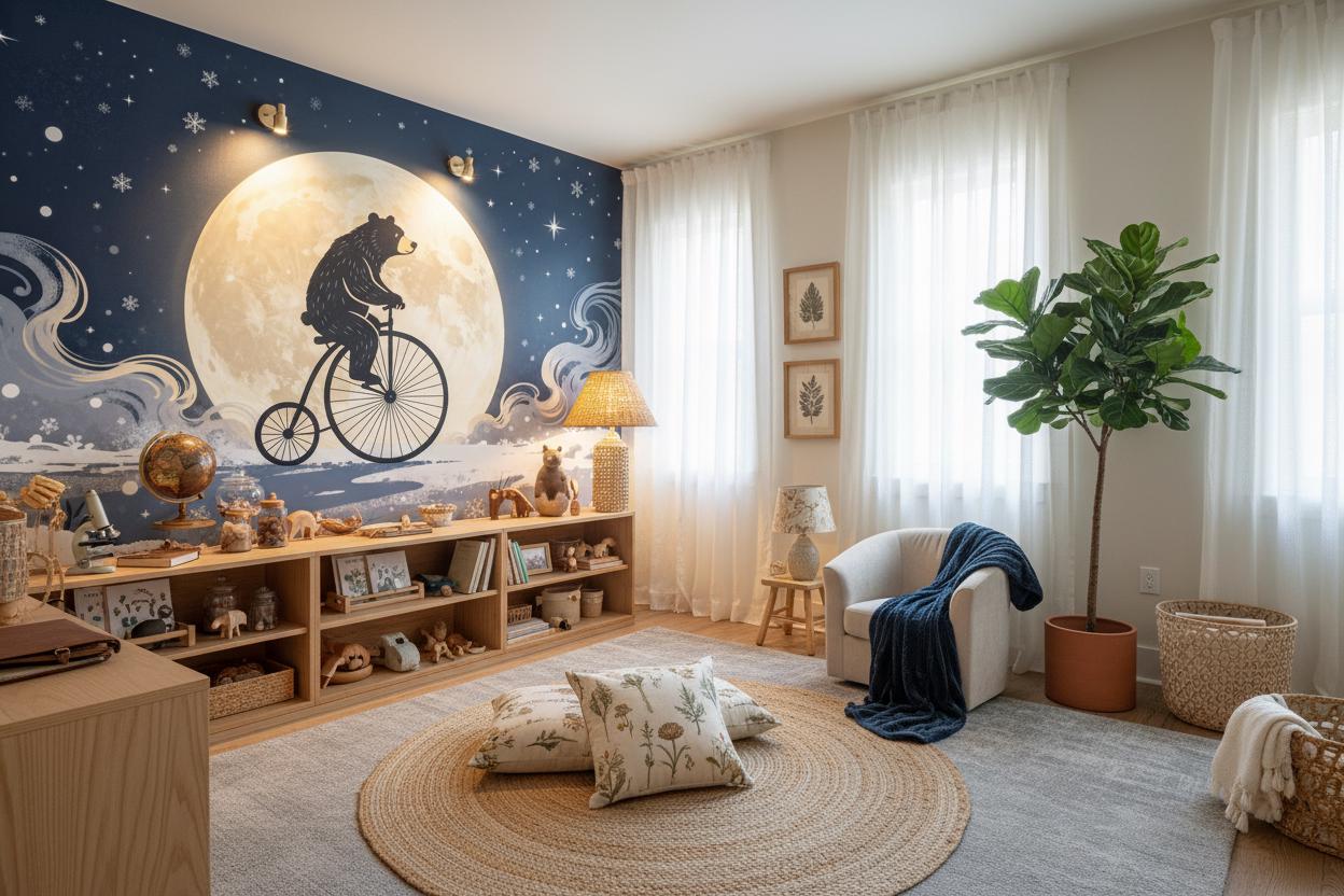 Whimsical Celestial Bear Blue Coastal Wallpaper – detail view, Golden Era Walls