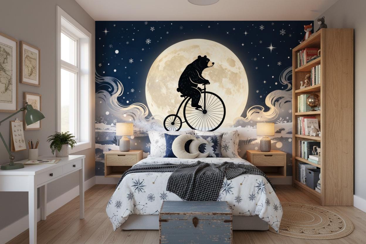 Whimsical Celestial Bear Blue Coastal Wallpaper – peel and stick wallpaper mural, Golden Era Walls