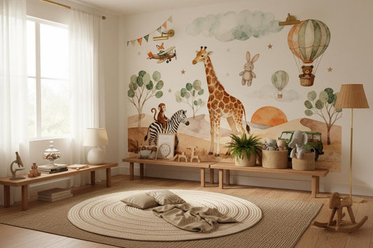 Boho Safari Watercolor Animal Floral Wallpaper – lifestyle view, Golden Era Walls