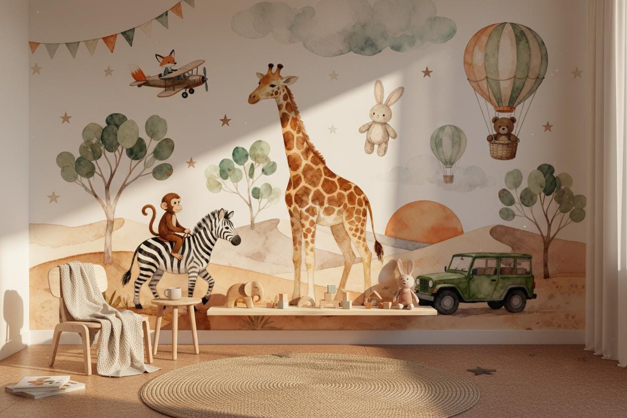 Boho Safari Watercolor Animal Floral Wallpaper – peel and stick wallpaper mural, Golden Era Walls