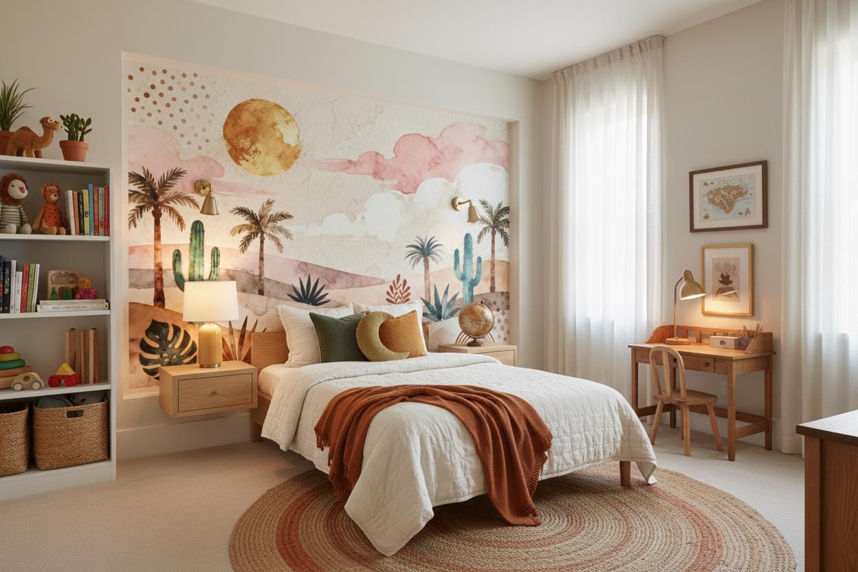 Boho Cactus Terracotta Teal Wallpaper – alternate view, Golden Era Walls