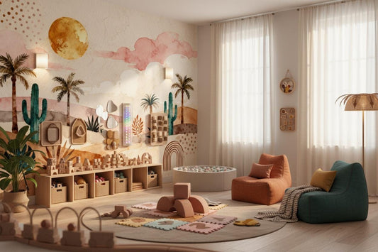 Boho Cactus Terracotta Teal Wallpaper – lifestyle view, Golden Era Walls