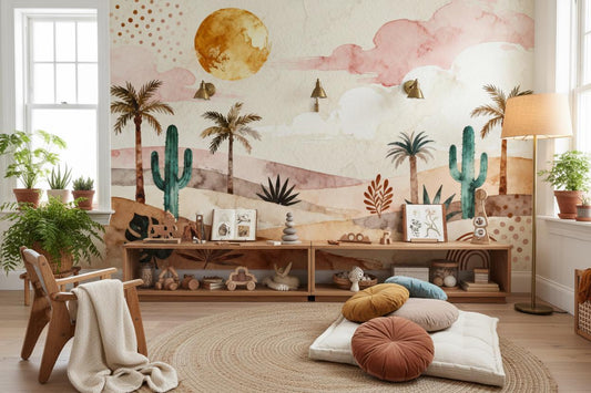 Boho Cactus Terracotta Teal Wallpaper – room setting, Golden Era Walls