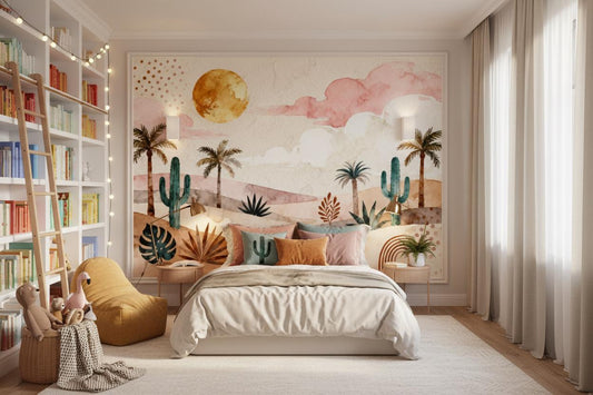 Boho Cactus Terracotta Teal Wallpaper – peel and stick wallpaper mural, Golden Era Walls