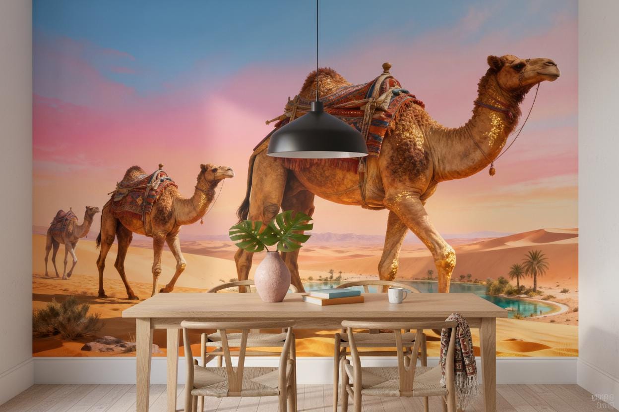 Desert Oasis Pink Blue Wallpaper – scale reference, Golden Era Walls