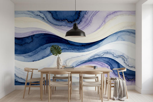 Blue Purple Watercolor Wave Geometric Wallpaper – room setting, Golden Era Walls