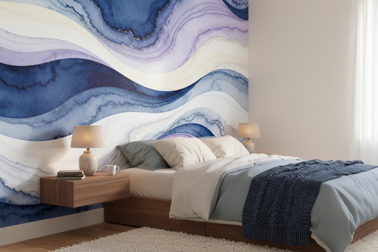 Blue Purple Watercolor Wave Geometric Wallpaper – scale reference, Golden Era Walls