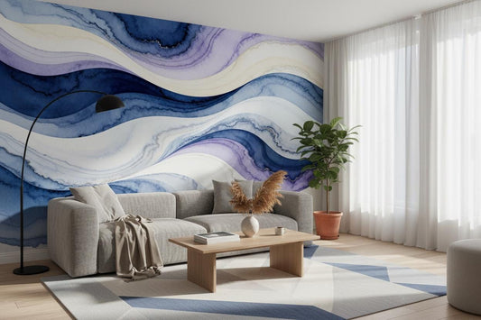 Blue Purple Watercolor Wave Geometric Wallpaper – lifestyle view, Golden Era Walls