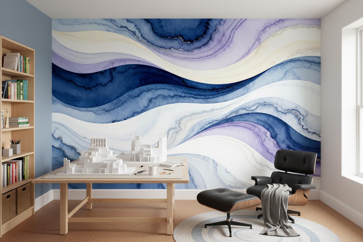 Blue Purple Watercolor Wave Geometric Wallpaper – alternate view, Golden Era Walls