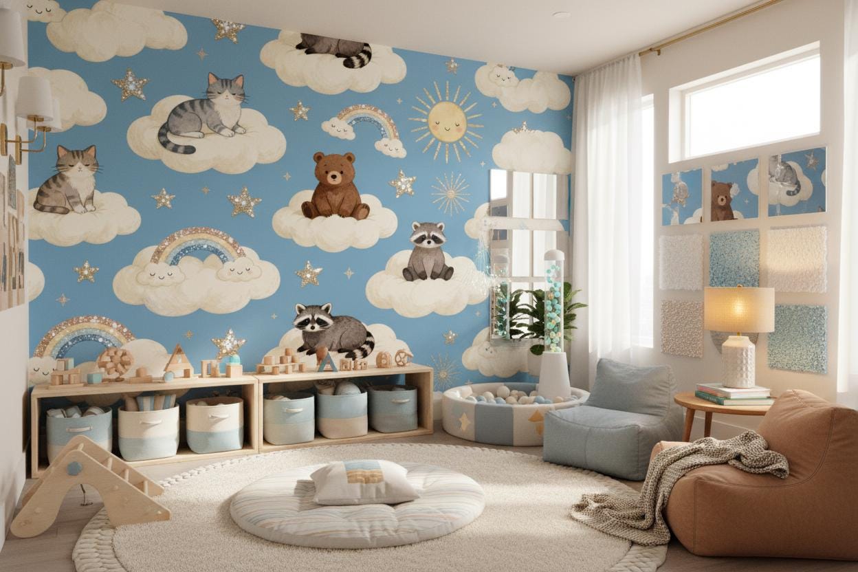 Blue Animals Clouds Stars Wallpaper – room setting, Golden Era Walls