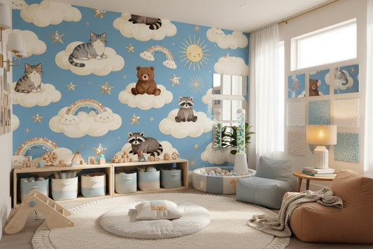Blue Animals Clouds Stars Wallpaper – room setting, Golden Era Walls