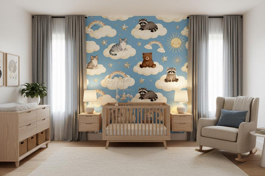 Blue Animals Clouds Stars Wallpaper – peel and stick wallpaper mural, Golden Era Walls