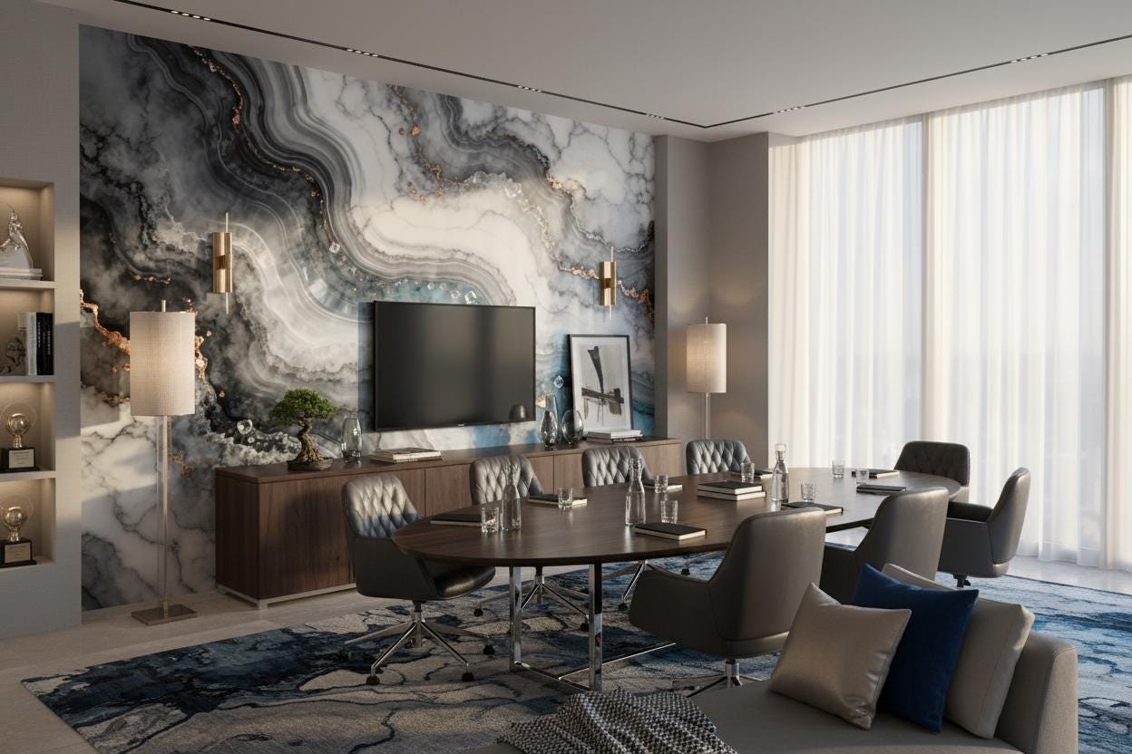 Opulent Blue Grey Marble Floral Wallpaper – scale reference, Golden Era Walls