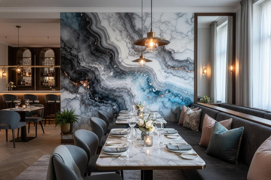 Opulent Blue Grey Marble Floral Wallpaper – room setting, Golden Era Walls