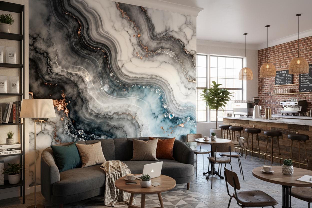 Opulent Blue Grey Marble Floral Wallpaper – peel and stick wallpaper mural, Golden Era Walls