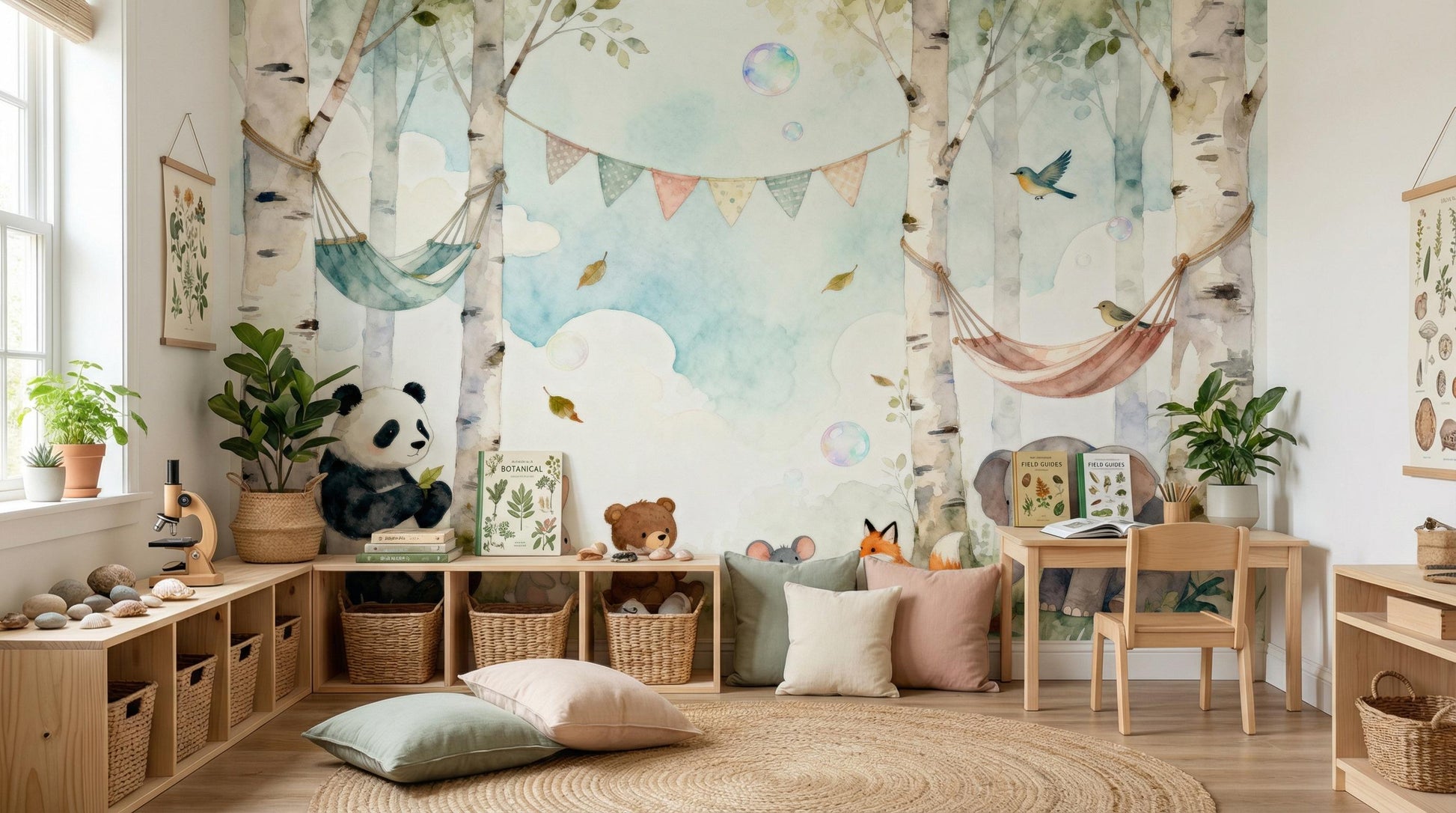 Forest Animals Whimsical Woodland Wallpaper – scale reference, Golden Era Walls