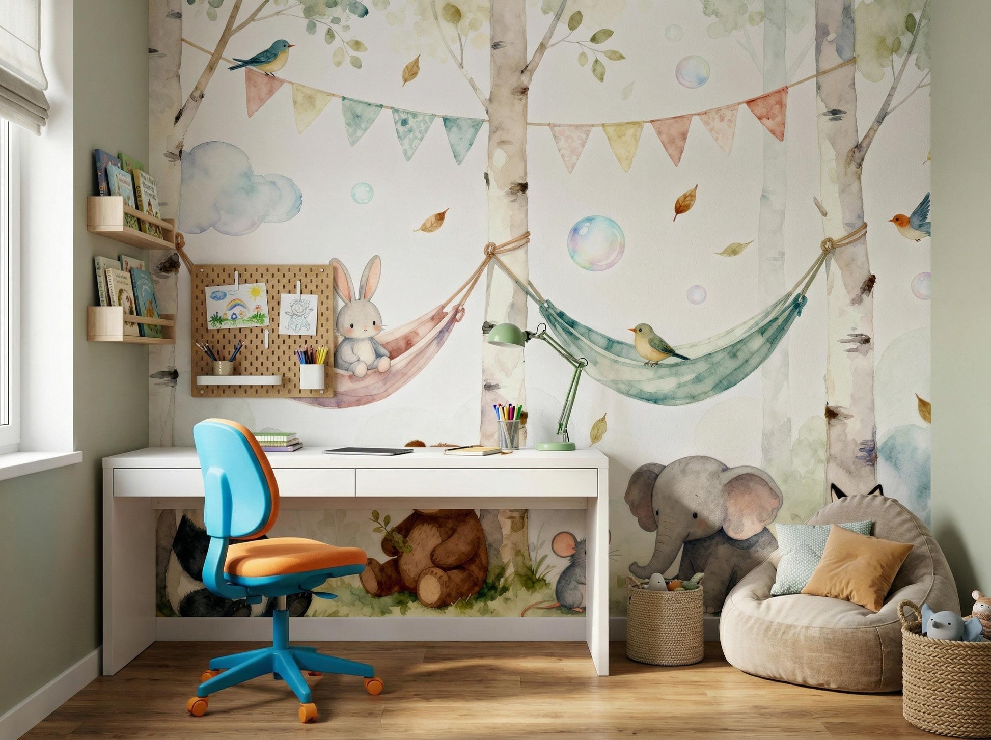 Watercolor Woodland Animal Whimsical Wallpaper – scale reference, Golden Era Walls