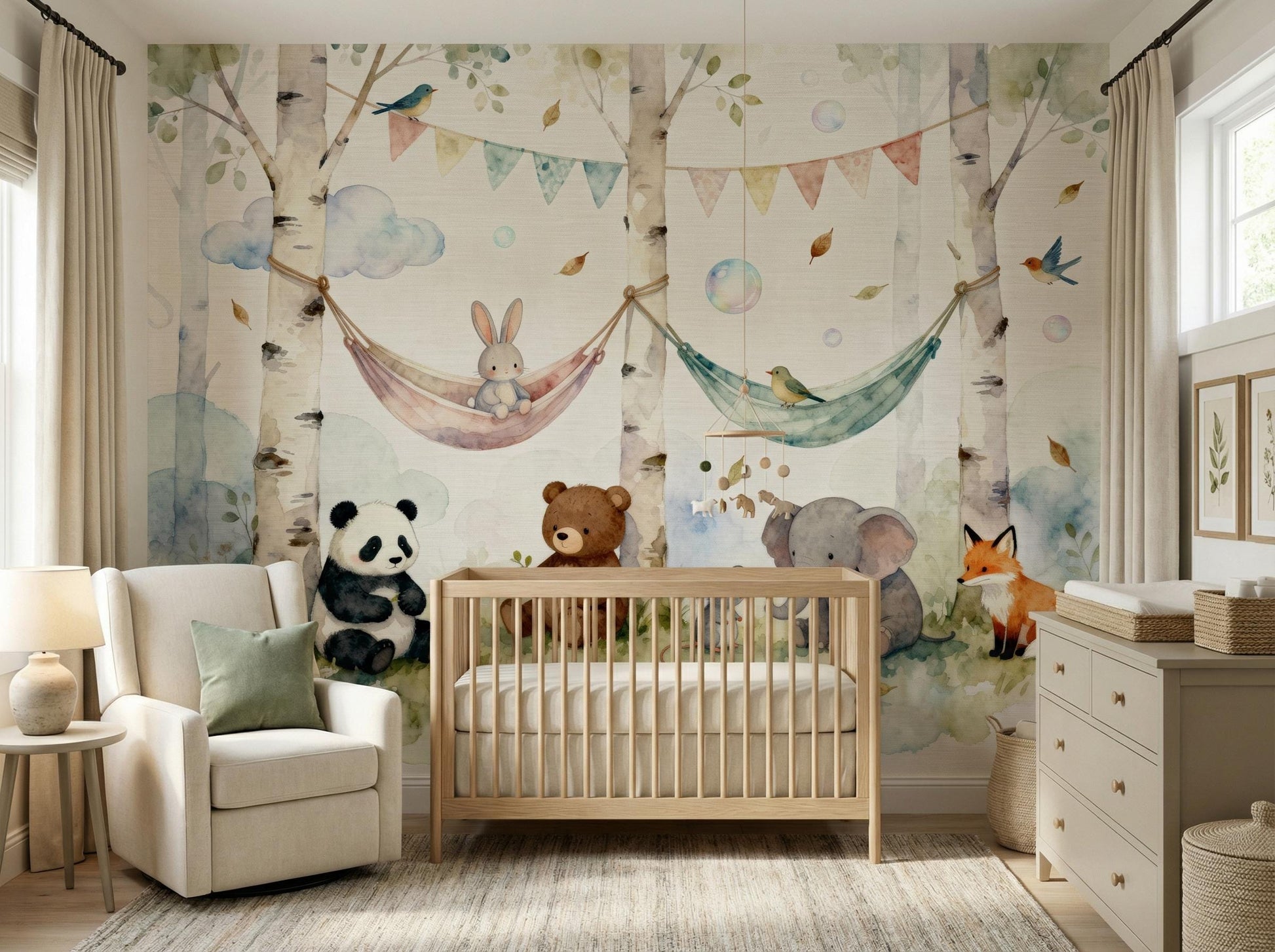 Watercolor Woodland Animal Whimsical Wallpaper – lifestyle view, Golden Era Walls