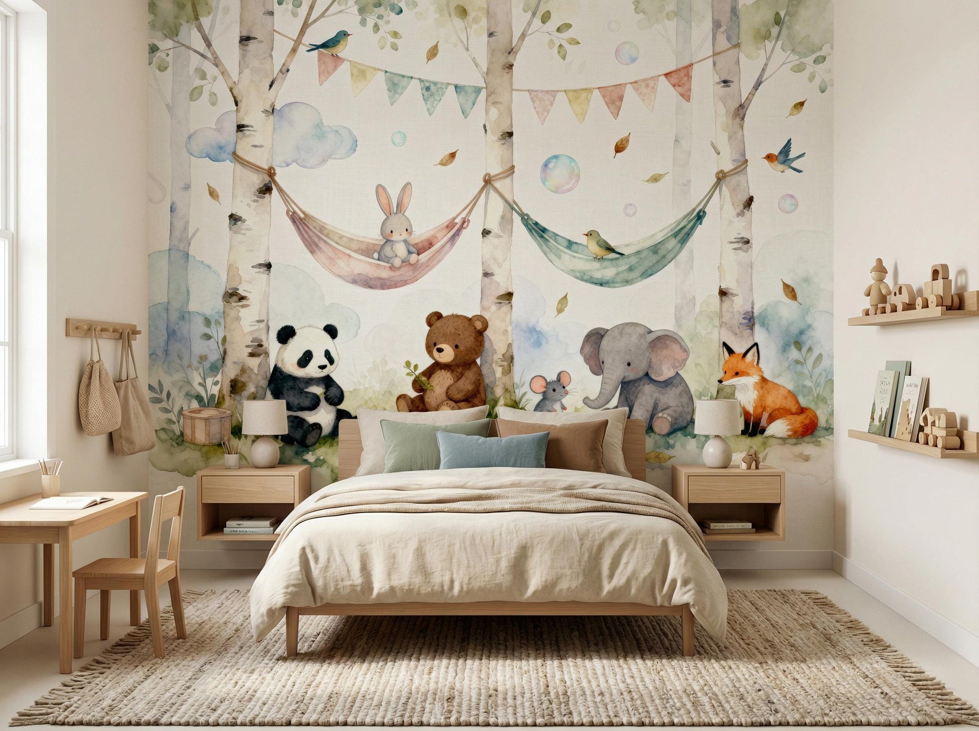 Watercolor Woodland Animal Whimsical Wallpaper – room setting, Golden Era Walls