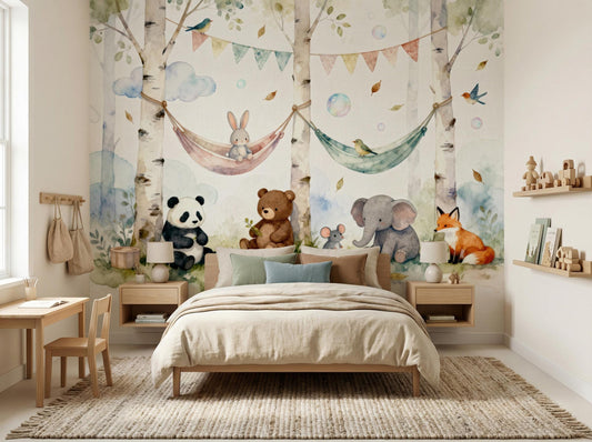 Watercolor Woodland Animal Whimsical Wallpaper – room setting, Golden Era Walls