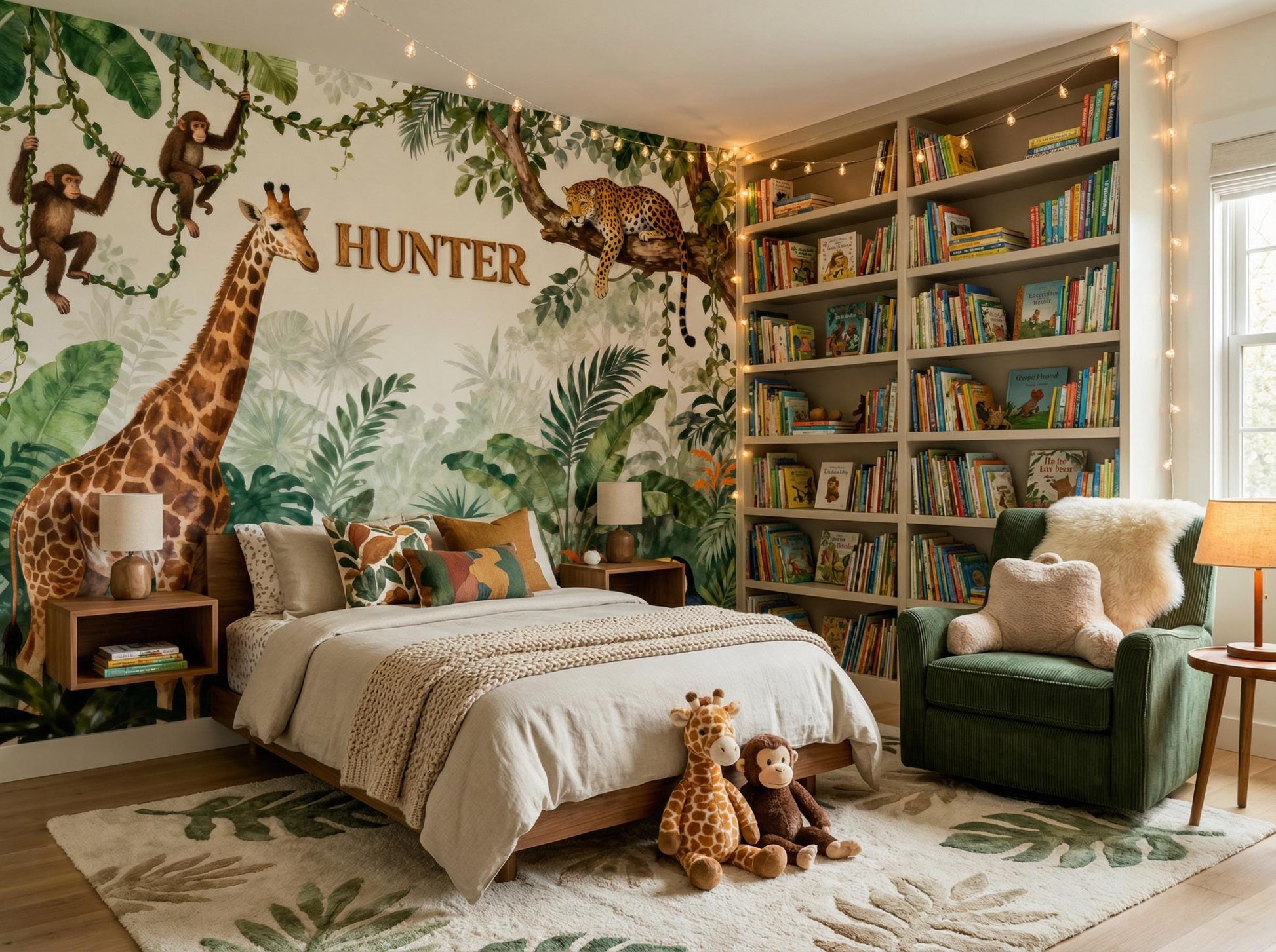 Watercolor Safari Animals Jungle Tropical Wallpaper – room setting, Golden Era Walls