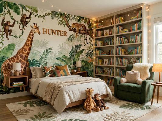 Watercolor Safari Animals Jungle Tropical Wallpaper – room setting, Golden Era Walls