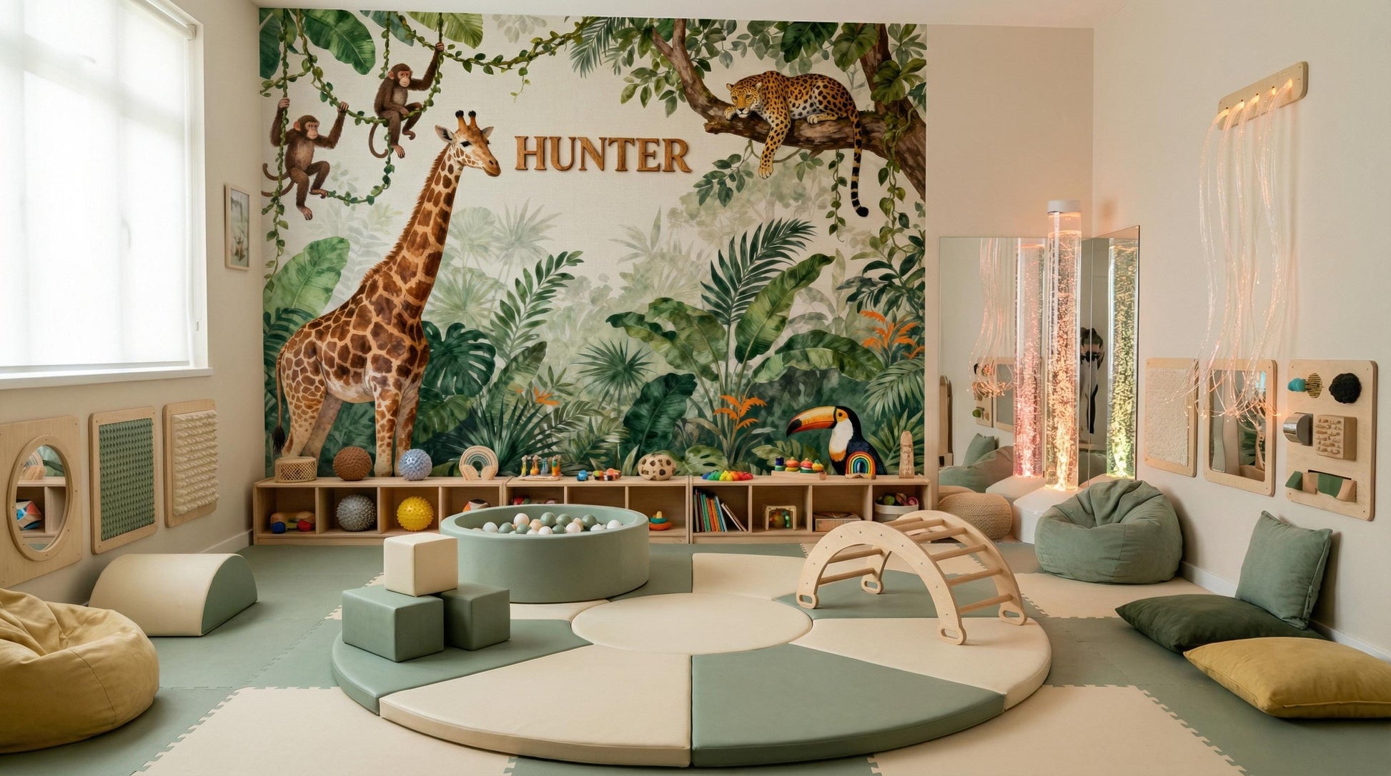 Watercolor Safari Animals Jungle Tropical Wallpaper – alternate view, Golden Era Walls