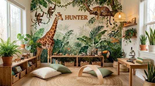 Watercolor Safari Animals Jungle Tropical Wallpaper – peel and stick wallpaper mural, Golden Era Walls