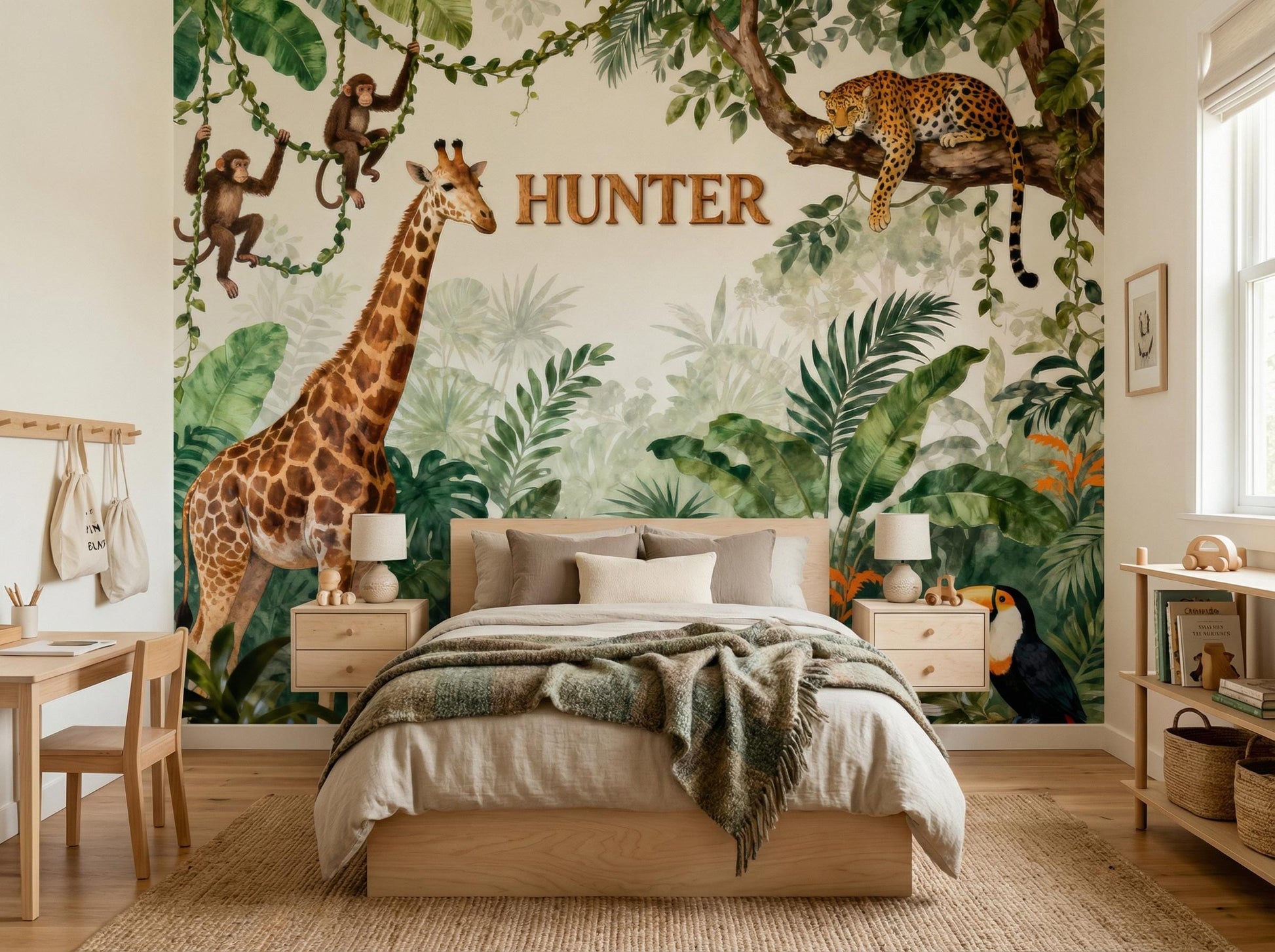 Watercolor Safari Animals Jungle Tropical Wallpaper – lifestyle view, Golden Era Walls