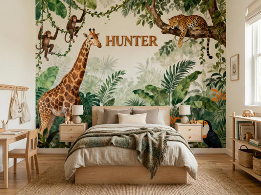 Watercolor Safari Animals Jungle Tropical Wallpaper – lifestyle view, Golden Era Walls