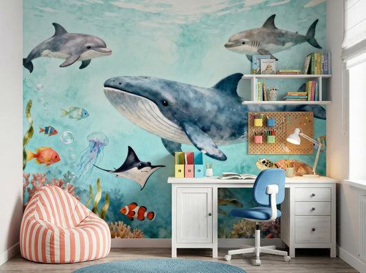 Watercolor Ocean Under Sea Coastal Wallpaper – detail view, Golden Era Walls