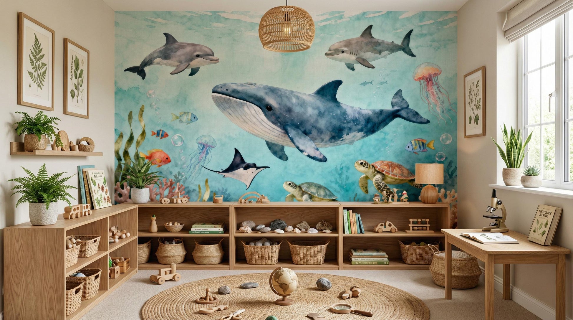 Watercolor Ocean Under Sea Coastal Wallpaper – lifestyle view, Golden Era Walls