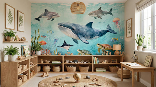 Watercolor Ocean Under Sea Coastal Wallpaper – lifestyle view, Golden Era Walls
