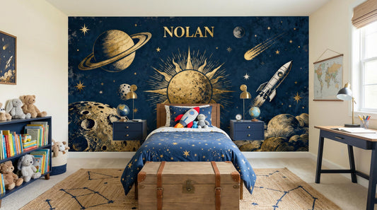 Personalized Vintage Space Navy Wallpaper – room setting, Golden Era Walls