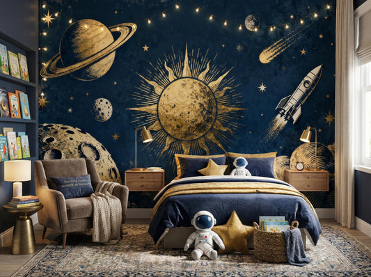 Personalized Vintage Space Navy Wallpaper – peel and stick wallpaper mural, Golden Era Walls
