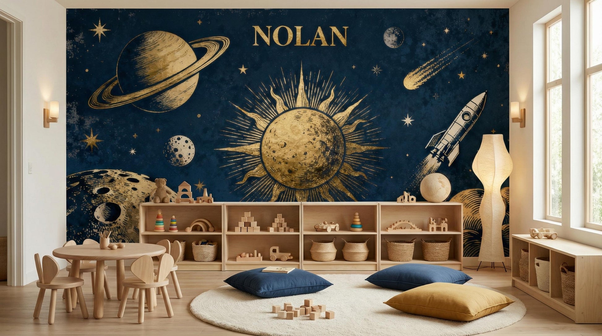 Personalized Vintage Space Navy Wallpaper – scale reference, Golden Era Walls