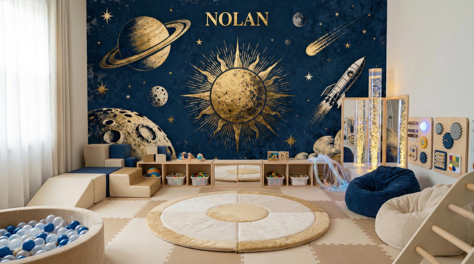 Personalized Vintage Space Navy Wallpaper – alternate view, Golden Era Walls