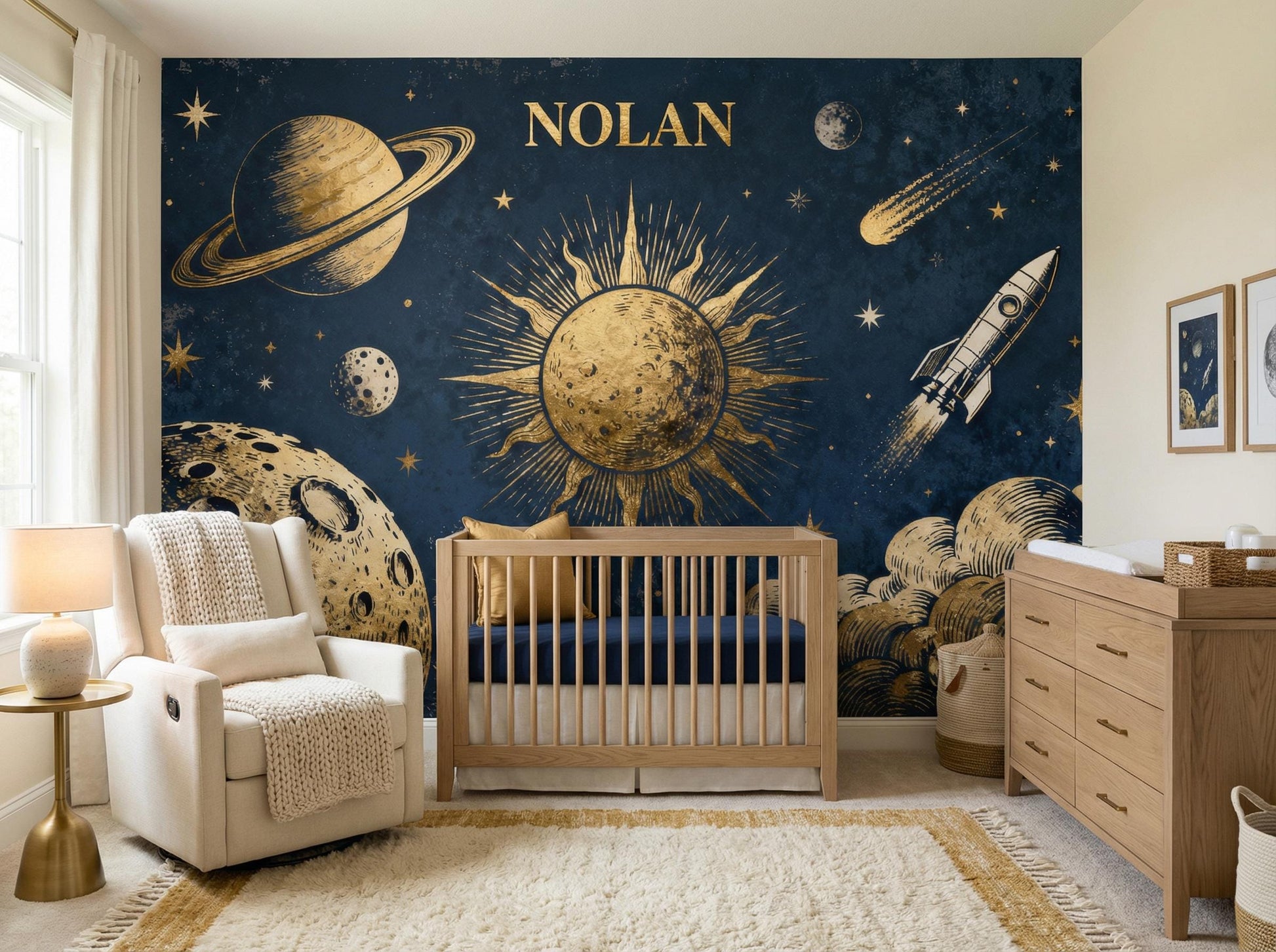 Personalized Vintage Space Navy Wallpaper – detail view, Golden Era Walls