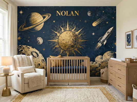Personalized Vintage Space Navy Wallpaper – detail view, Golden Era Walls