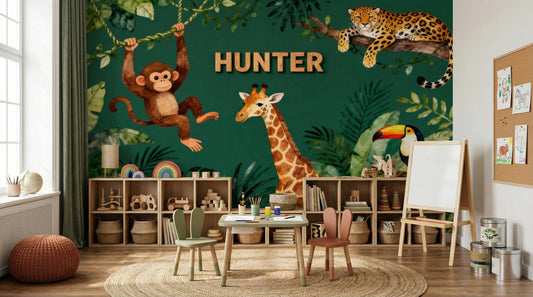 Personalized Safari Green Watercolor Tropical Wallpaper – lifestyle view, Golden Era Walls