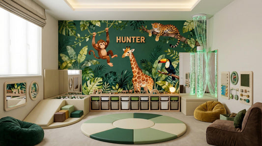 Personalized Safari Green Watercolor Tropical Wallpaper – room setting, Golden Era Walls