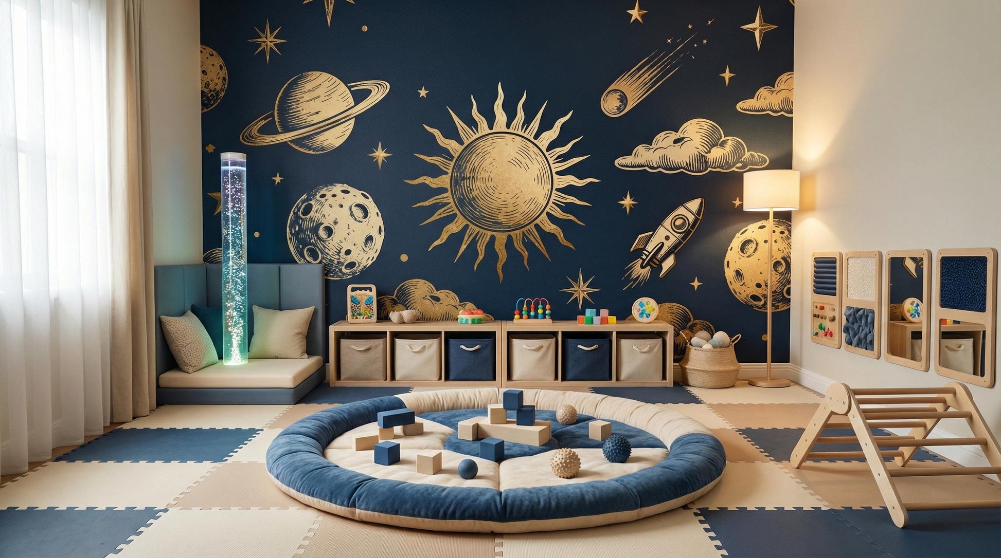 Personalized Celestial Navy Blue Wallpaper – room setting, Golden Era Walls