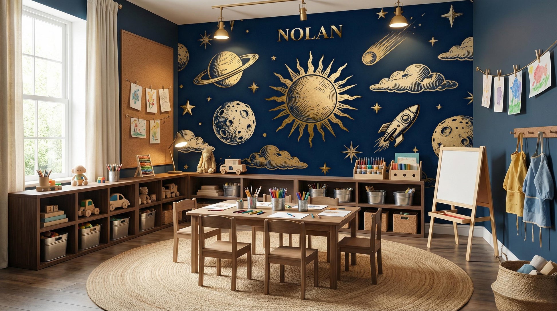 Personalized Celestial Navy Blue Wallpaper – lifestyle view, Golden Era Walls